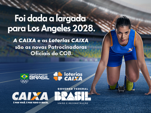 Texto: Foi dada a largada para Los Angeles 2028. A CAIXA e as Loterias CAIXA são as novas patrocinadoras oficiais do COB.